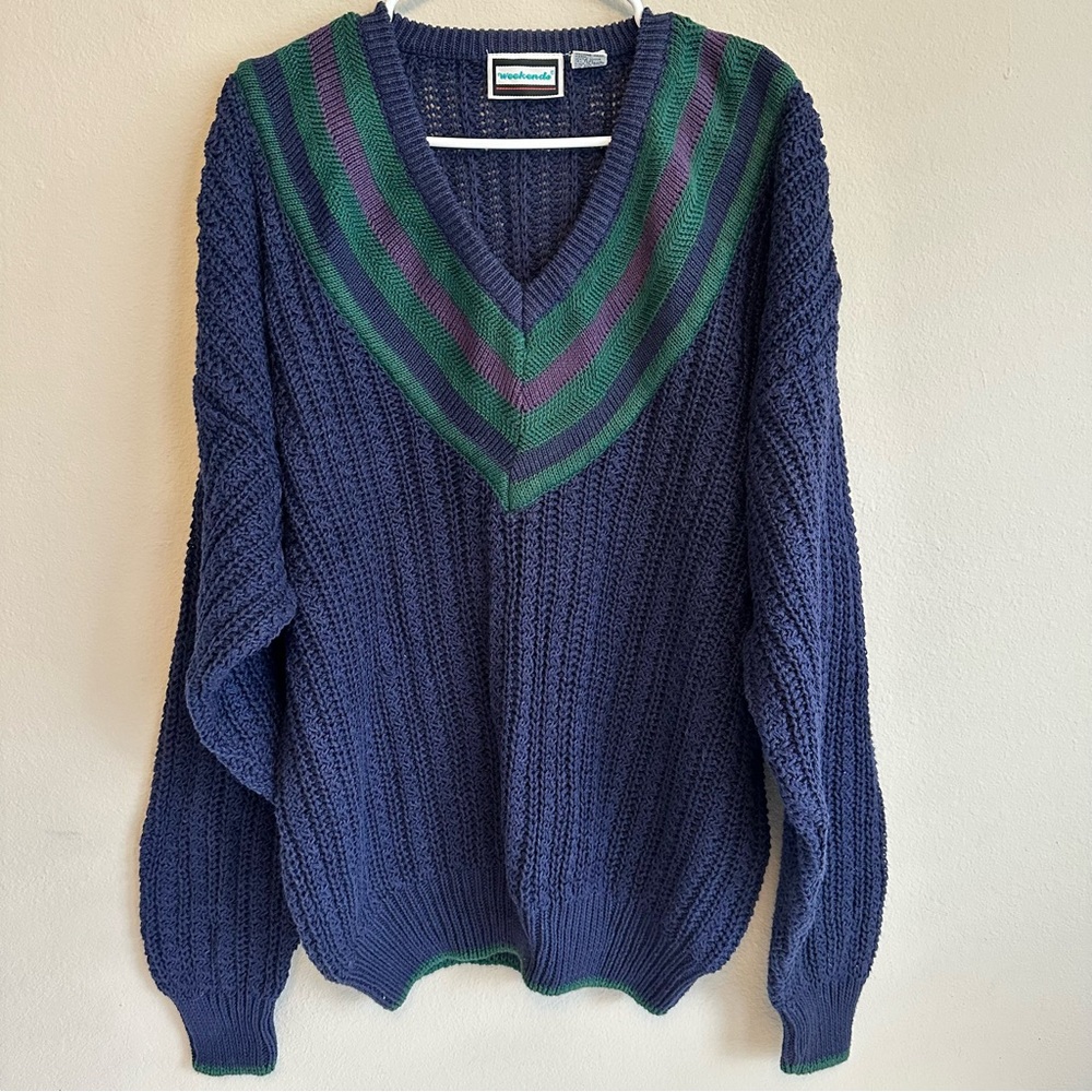 Vintage Weekends Navy Sweater XL V-Neck Striped Trim Ramie Cotton Preppy Retro - Picture 2 of 7